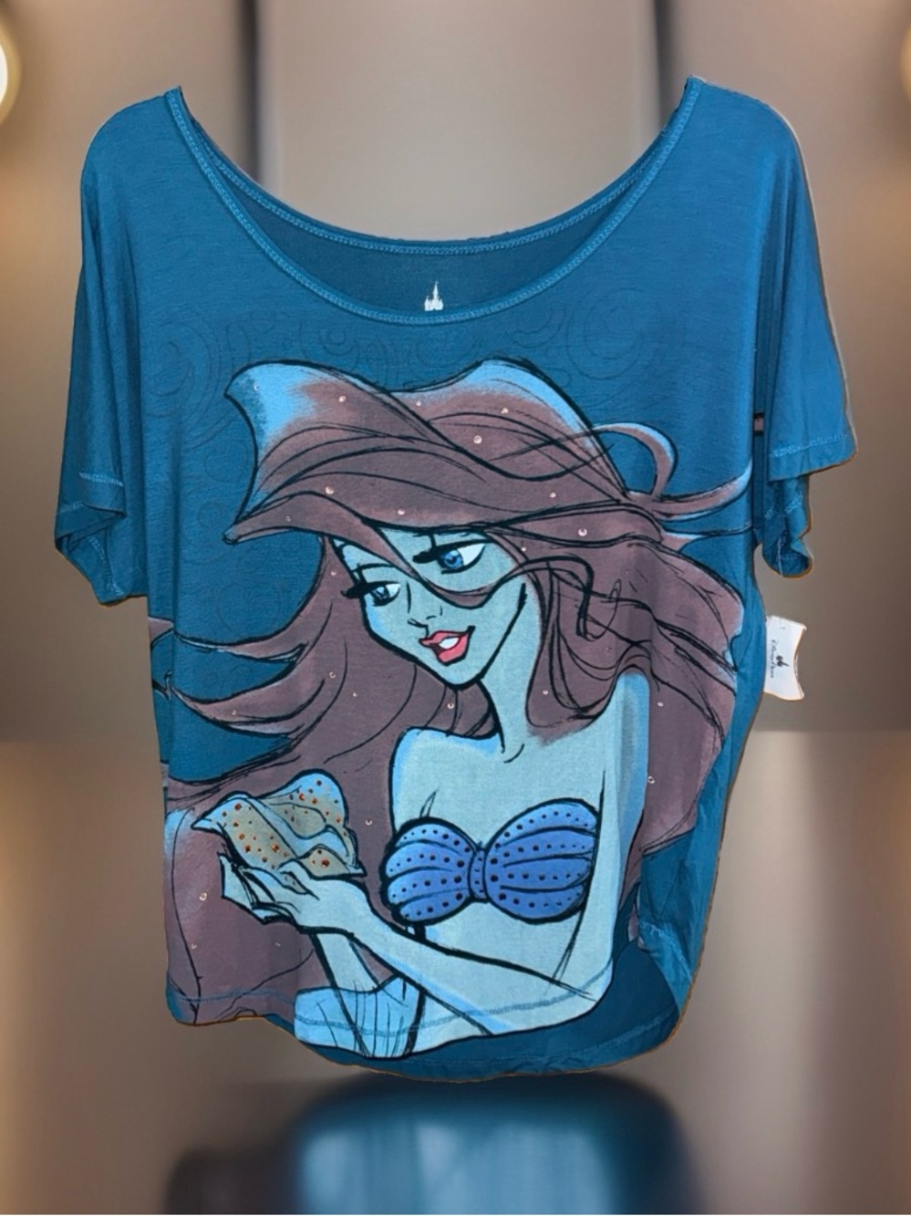 NWT Disney Parks Teal Women's Short Sleeve Top w/Ariel Graphic & Rhinestones-M